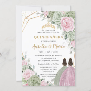 Sage Green Pink Floral Gold Quinceañera Twins Invitation