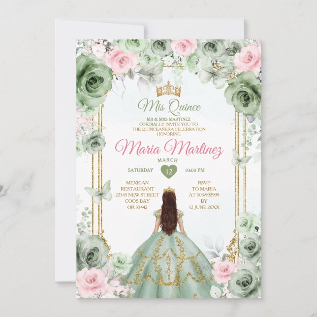 Sage Green & Pink Floral Mis Quince 16th Birthday Invitation (Front)