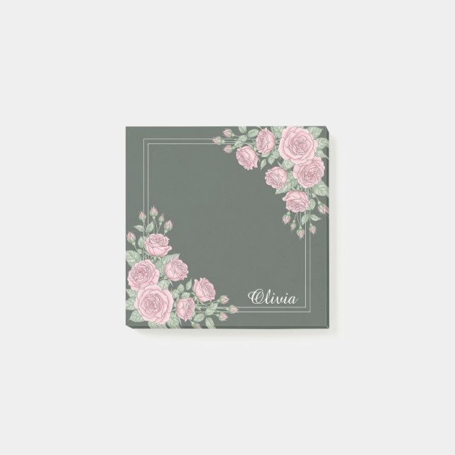 Sage Green & Pink Floral Personalised Sticky Notes (Front)