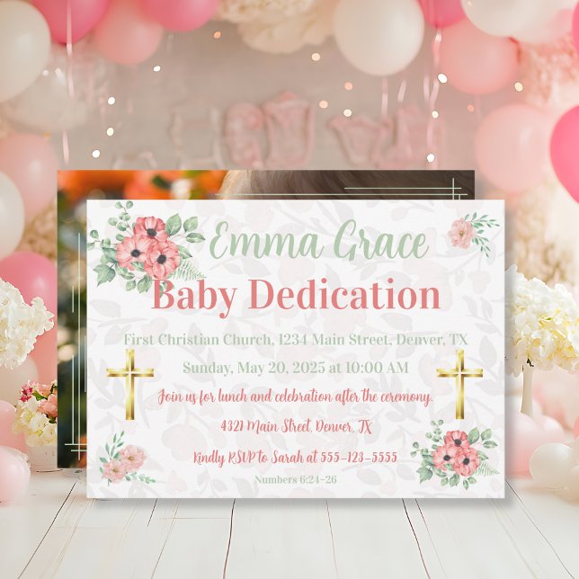 Sage Green & Pink Floral Photo Baby Dedication  Invitation (Creator Uploaded)