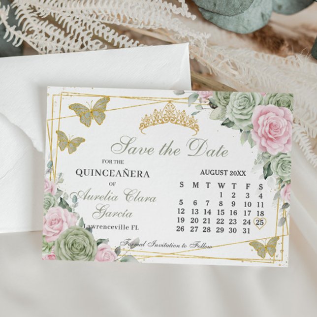 Sage Green Pink Floral Quinceanera 16th Calendar Save The Date (sage green pink roses floral gold butterflies quinceanera sweet 16 calendar save the date cards)
