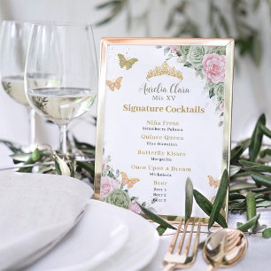 Sage Green Pink Floral Quinceanera Bar Drink Menu Poster