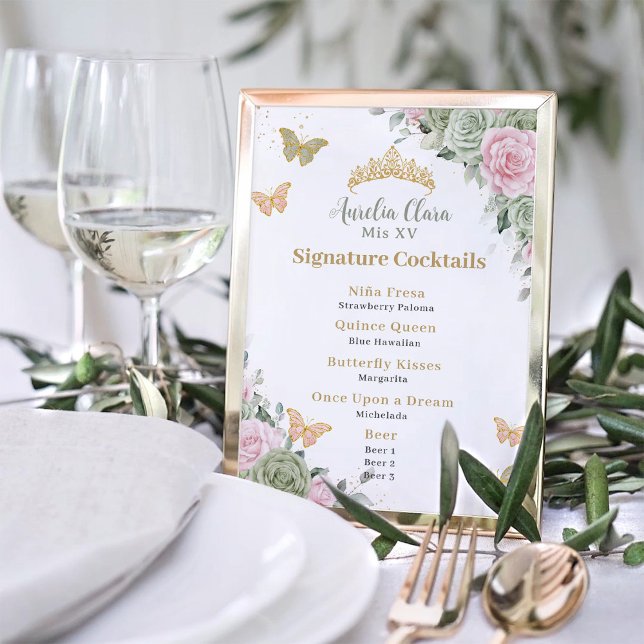Sage Green Pink Floral Quinceanera Bar Drink Menu Poster (Creator Uploaded)
