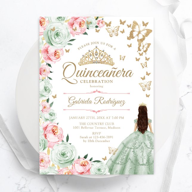 Sage Green Pink Floral Quinceanera Invitation (Creator Uploaded)