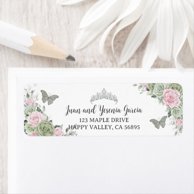 Sage Green Pink Floral Quinceanera Return Address Label (Insitu)