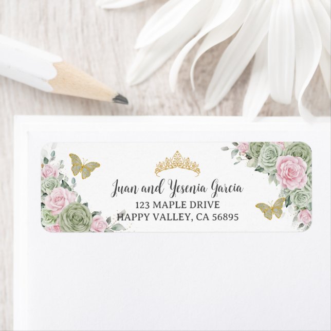 Sage Green Pink Floral Quinceanera Return Address Label (Insitu)