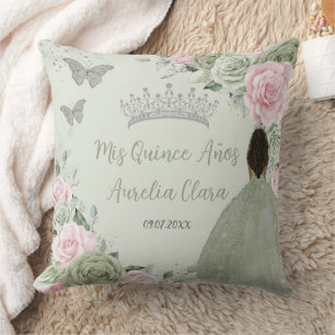 Sage Green Pink Floral Silver Quinceañera Keepsake Cushion