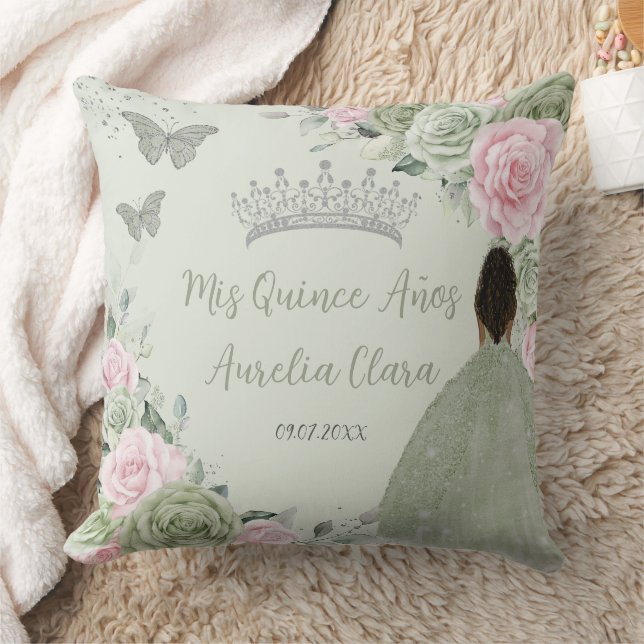 Sage Green Pink Floral Silver Quinceañera Keepsake Cushion (Blanket)