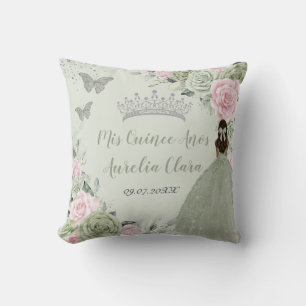Sage Green Pink Floral Silver Quinceañera Keepsake Cushion