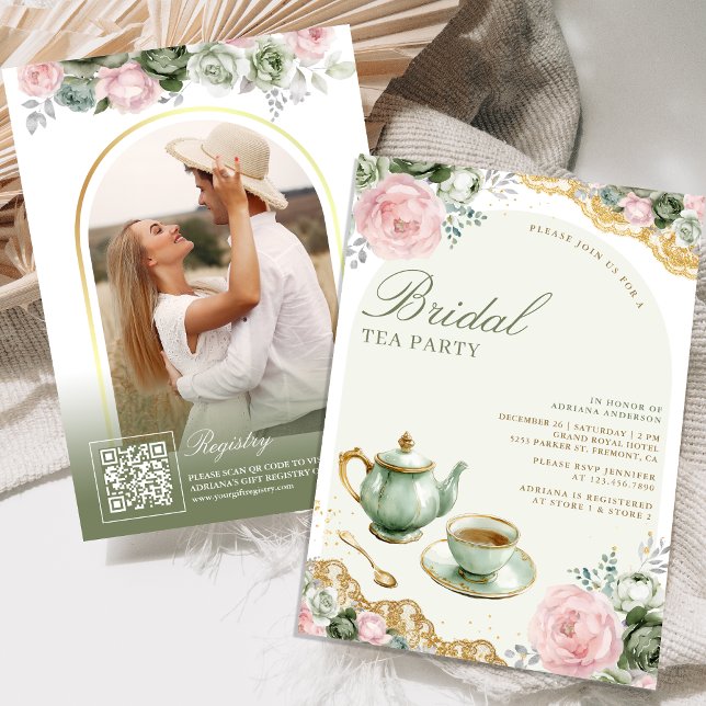 Sage Green Pink Floral Tea Party Bridal Shower Invitation (Creator Uploaded)