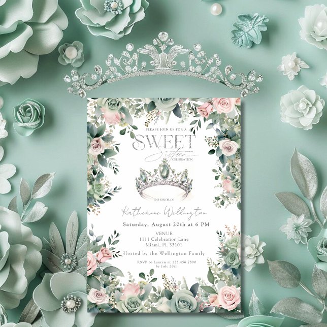 Sage Green Pink Floral Tiara Crown Silver Sweet 16 Invitation (Sage Green Pink Floral Tiara Crown Silver Sweet 16 Invitation)