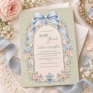 Sage Green Pink Floral Vintage Baby Shower Invitation