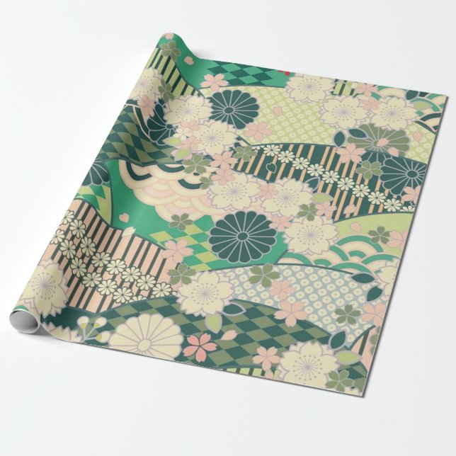 Sage Green Pink Japanese Kimono Floral Decoupage  Wrapping Paper (Unrolled)