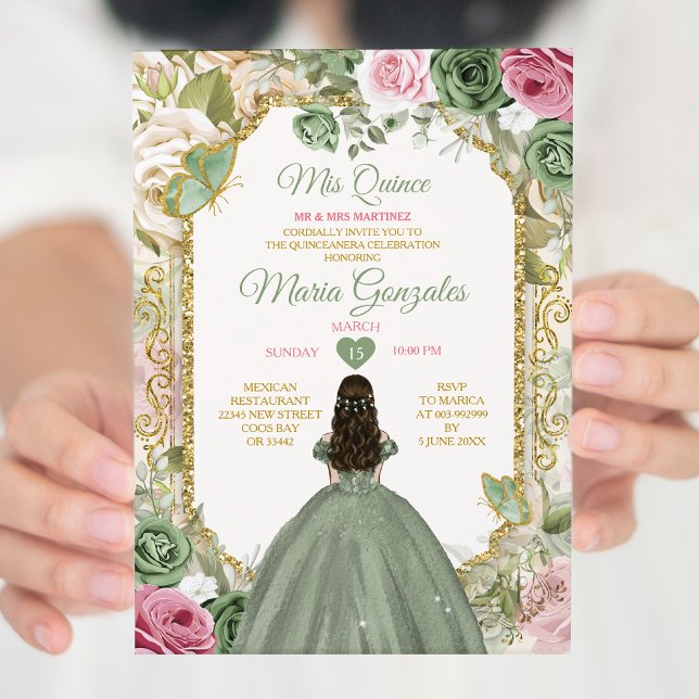 Sage Green Pink Mis Quince 15 Anos Crown Butterfly Invitation (Creator Uploaded)