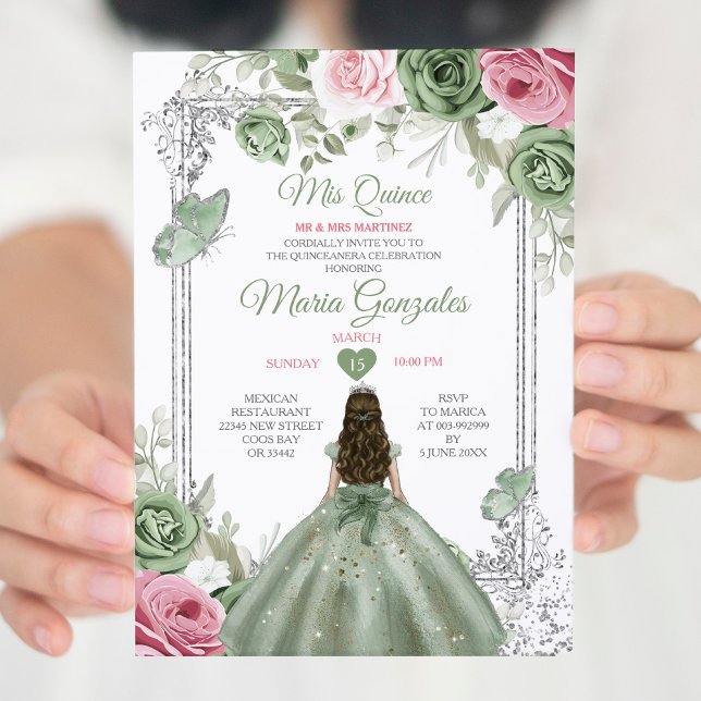 Sage Green Pink Mis Quince 15 Anos Crown Invitation (Creator Uploaded)