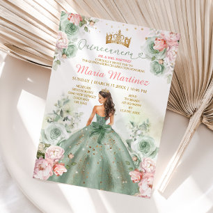 Sage Green Pink Peach Princess Floral Quinceañera Invitation