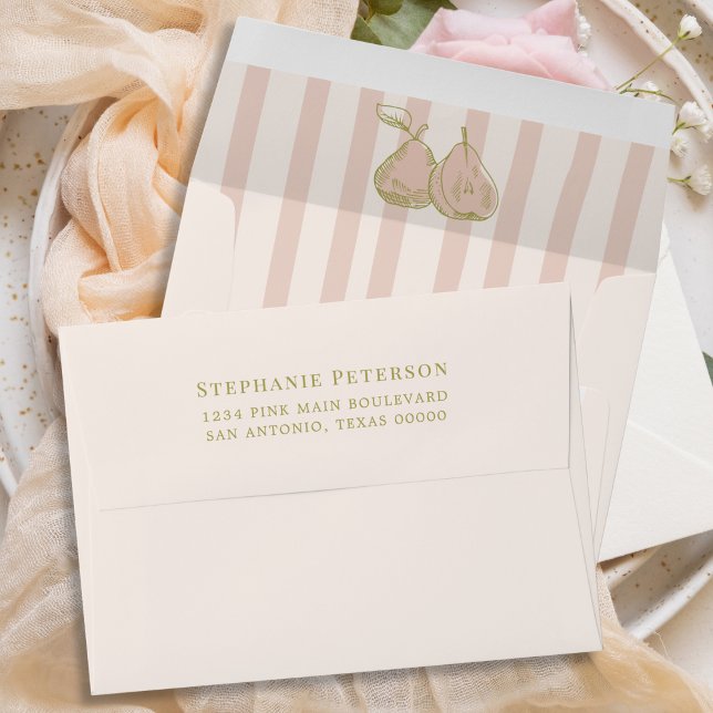 Sage Green Pink Pear Hand Drawn Stripes Addressed Envelope (Creator Uploaded)