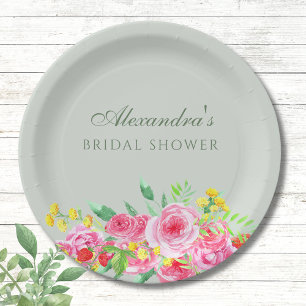 Sage Green Pink Peony Bridal Shower Paper Plate
