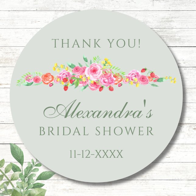 Sage Green Pink Peony Bridal Shower Thank You Classic Round Sticker (Creator Uploaded)