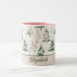 Sage Green & Pink Pine Trees Pattern  Two-Tone Coffee Mug