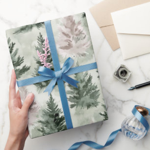 Sage Green & Pink Pine Trees Pattern Wrapping Paper