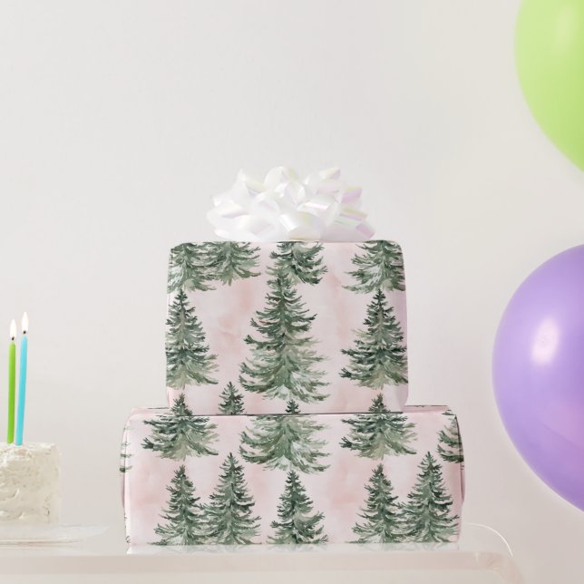 Sage Green & Pink Pine Trees Pattern  Wrapping Paper (Party Gifts)