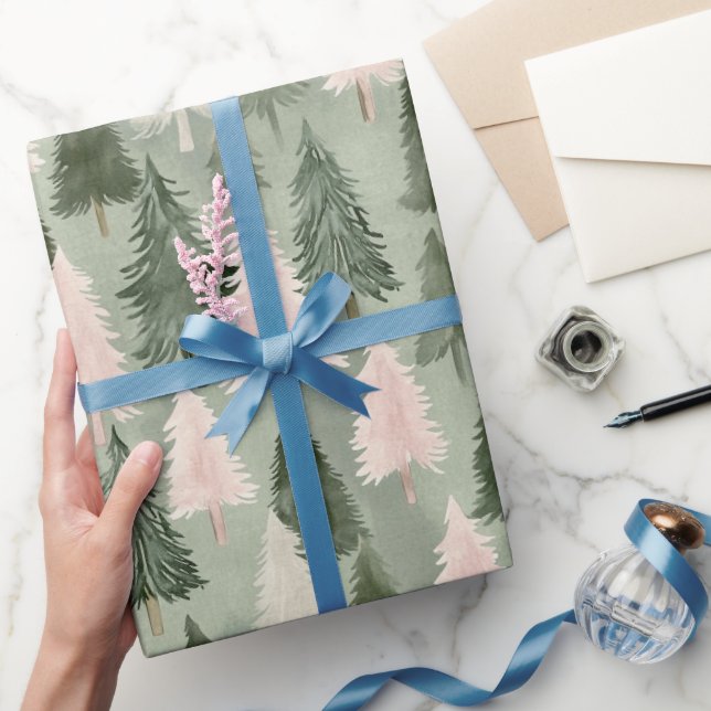 Sage Green & Pink Pine Trees Pattern  Wrapping Paper (Gifting)