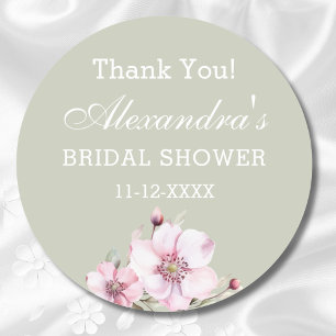 Sage Green Pink Roses Bridal Shower Thank You Classic Round Sticker