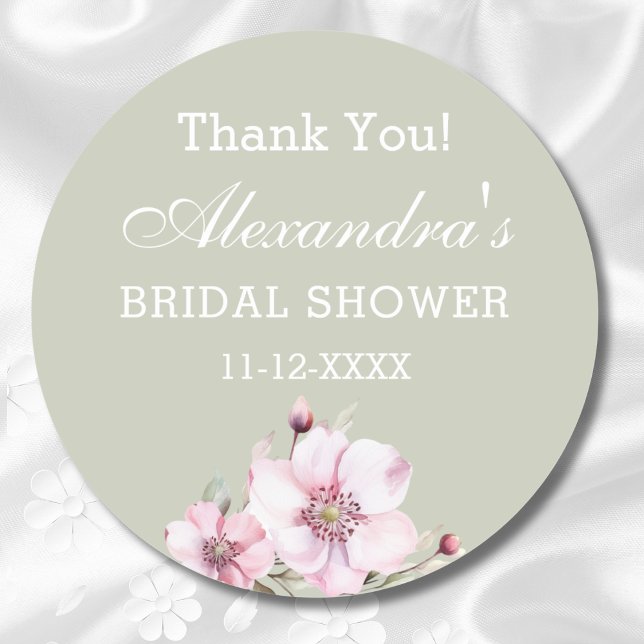 Sage Green Pink Roses Bridal Shower Thank You Classic Round Sticker (Creator Uploaded)