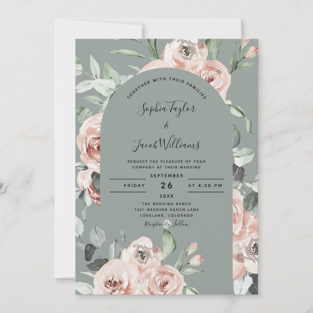 Sage Green Pink Roses Floral Eucalyptus Wedding Invitation (Front)