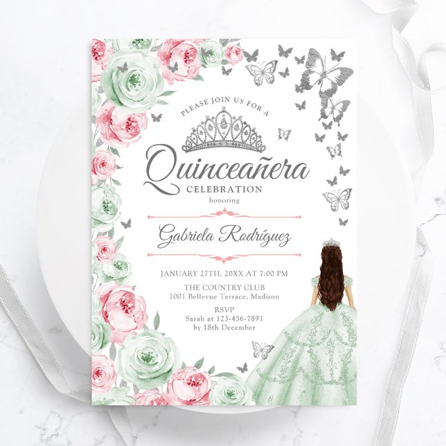 Sage Green Pink Roses Floral Quinceanera Invitation (Creator Uploaded)
