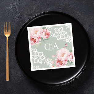 Sage green pink roses florals monogram wedding napkin
