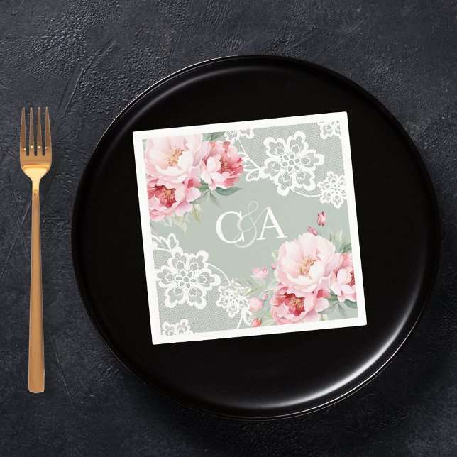 Sage green pink roses florals monogram wedding napkin (Creator Uploaded)
