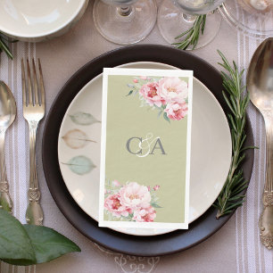 Sage green pink roses florals monogram wedding napkin