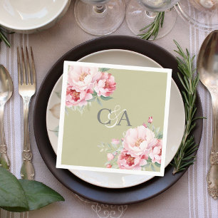 Sage green pink roses florals monogram wedding napkin