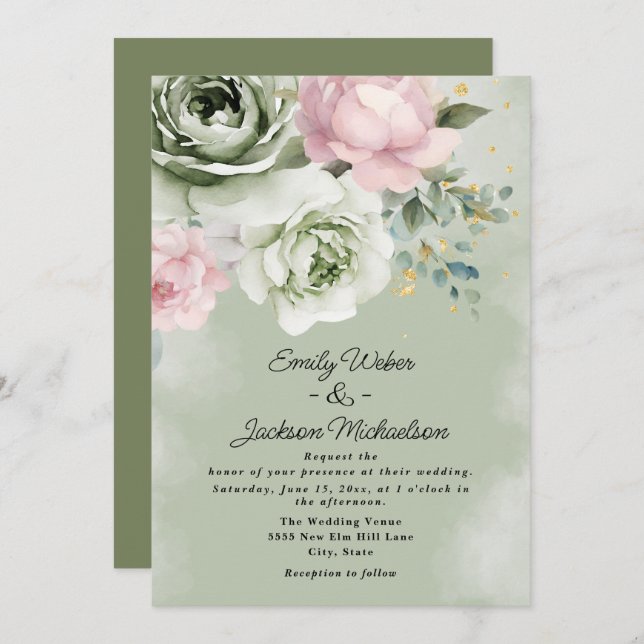Sage Green Pink Roses Peonies Gold Wedding Invitation (Front/Back)