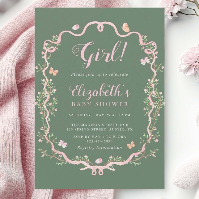 Sage Green & Pink Spring Floral Girl Baby Shower Invitation (Creator Uploaded)
