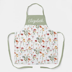 Sage Green Pink Watercolor Wildflower Custom Name  Apron