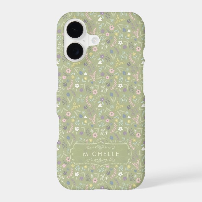 Sage Green Pink White Flowers Floral Boho Pattern (Back)