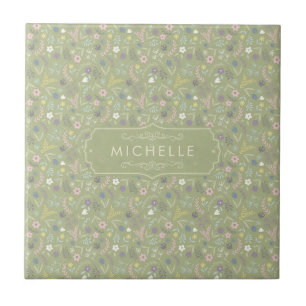 Sage Green Pink White Flowers Floral Boho Pattern Ceramic Tile