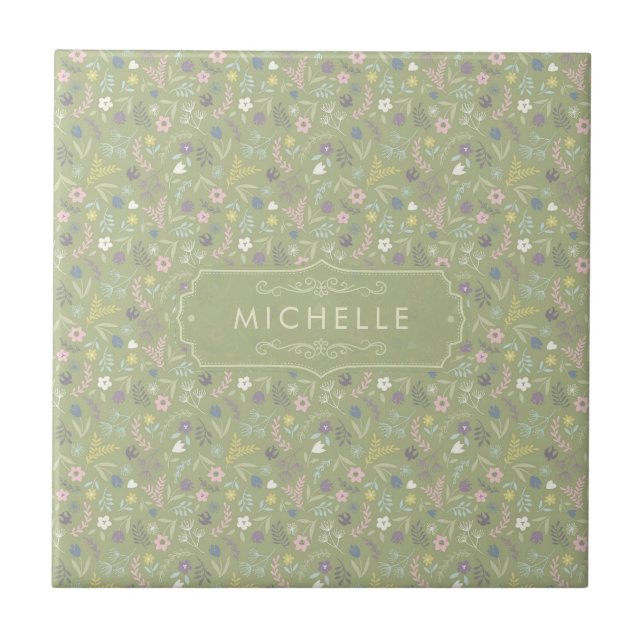 Sage Green Pink White Flowers Floral Boho Pattern Ceramic Tile (Front)