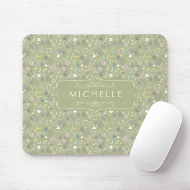 Sage Green Pink White Flowers Floral Boho Pattern Mouse Pad (With Mouse)