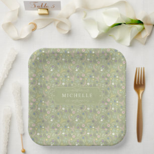 Sage Green Pink White Flowers Floral Boho Pattern Paper Plate