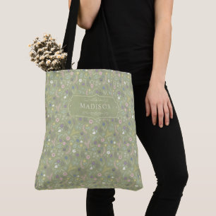 Sage Green Pink White Flowers Floral Boho Pattern Tote Bag