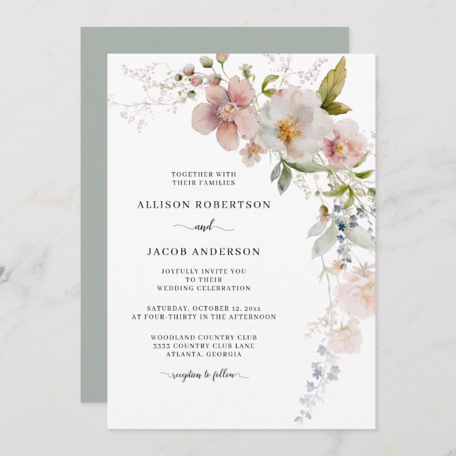 Sage Green Pink Wildflower Floral Wedding Invitation (Front/Back)