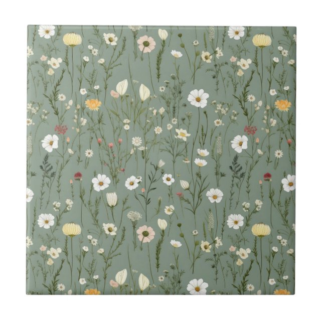 Sage Green Pink Yellow White Floral Seamless Ceramic Tile (Front)