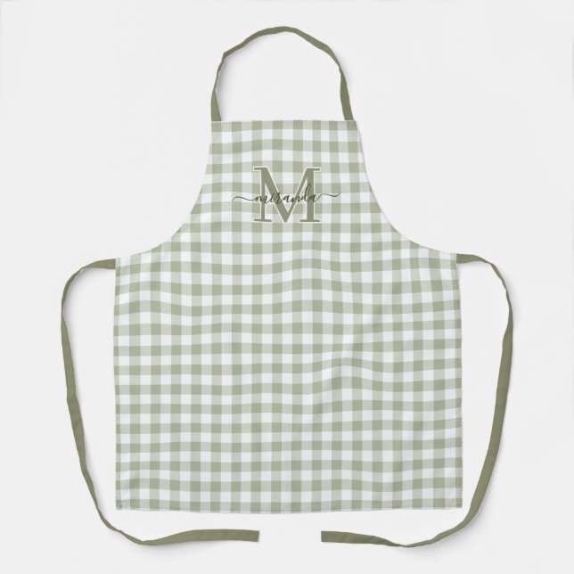 Sage Green Plaid Apron with Monogram & Name (Front)