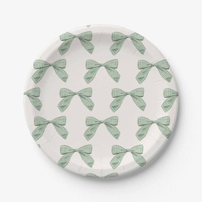 Sage Green Plaid Bow Elegant Boy Baby Shower Paper Plate (Front)