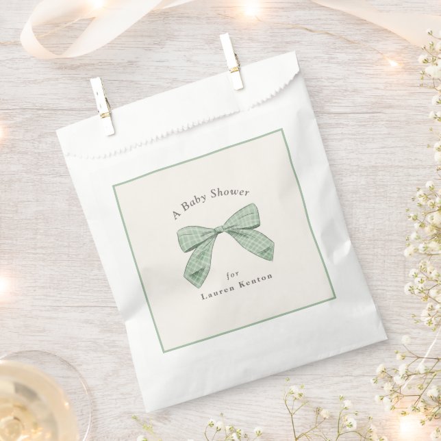 Sage Green Plaid Bow Elegant Neutral Baby Shower Favour Bag (Clipped)
