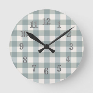 Sage Green Plaid Country Farmhouse Gingham Decor Round Clock